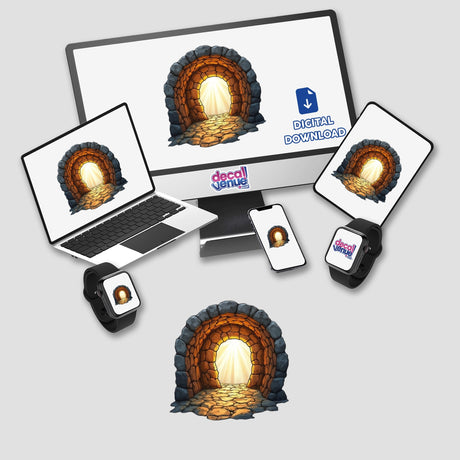 Stained Glass Empty Tomb Clipart with Commercial Rights & Christian Sticker, featuring a computer monitor, laptop, tablet, and phone displaying a tunnel-themed digital artwork, available as stickers or digital art.