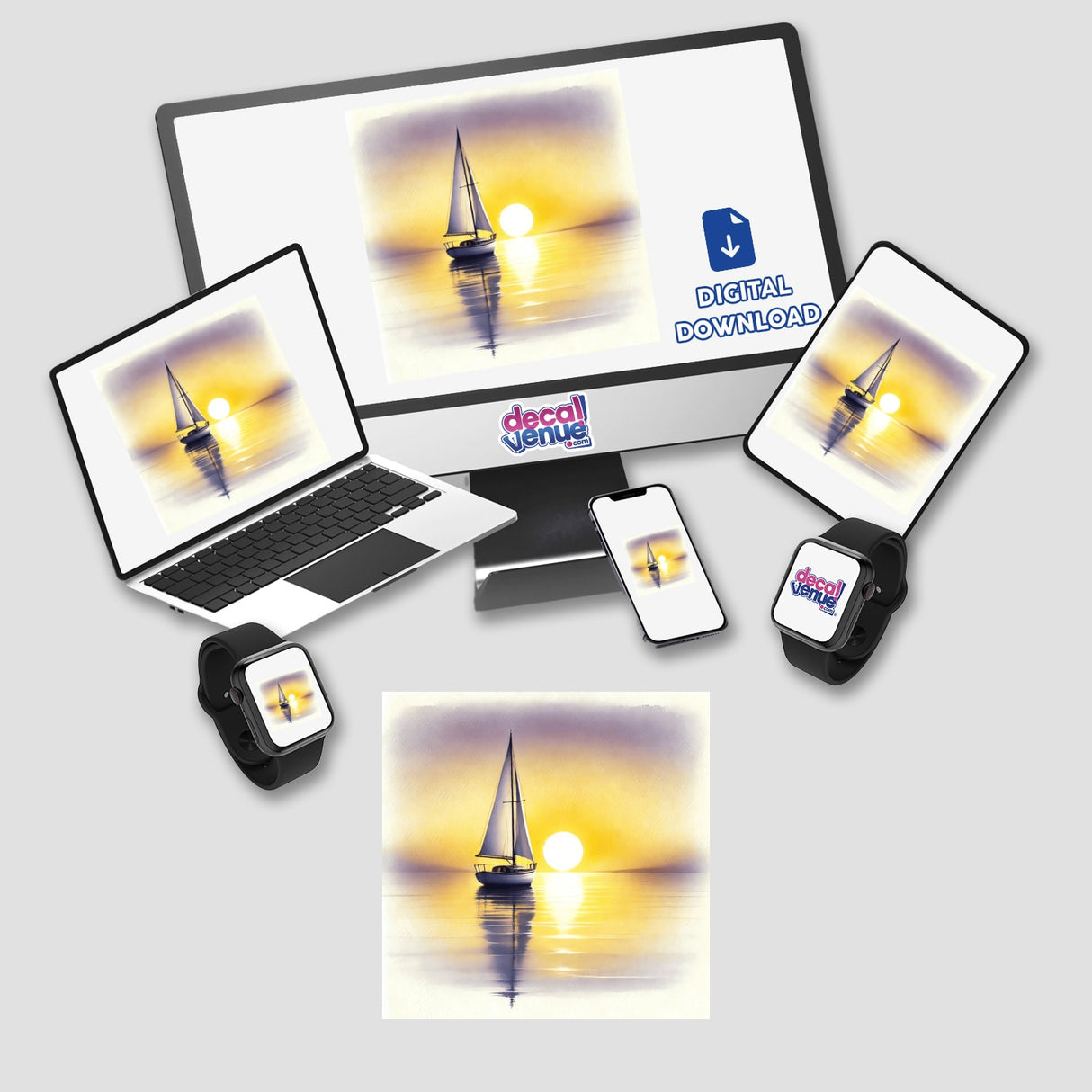 Serene Sailboat at Sunrise - Minimalist Boho Watercolor displayed on a laptop screen, with options for stickers or digital artwork.