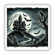 Spooky Night - Haunted House and Bats Watercolor: A black and white artwork featuring a haunted house, flying bats, a tree, and an owl silhouette, available as stickers or digital artwork.