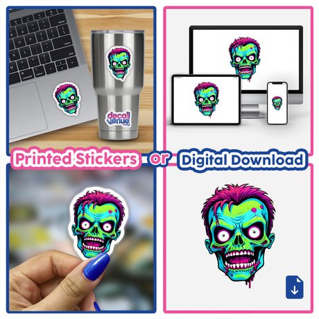 Collage featuring A Cool Neon Punk Zombie Skull sticker, displayed on a laptop, cup, and more. Perfect as a sticker or digital artwork from Decal Venue.