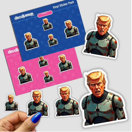 Futuristic President Donald Trump depicted in metal armor, available as stickers or digital artwork. Features a cartoon style, emphasizing a unique design from Decal Venue's collection.