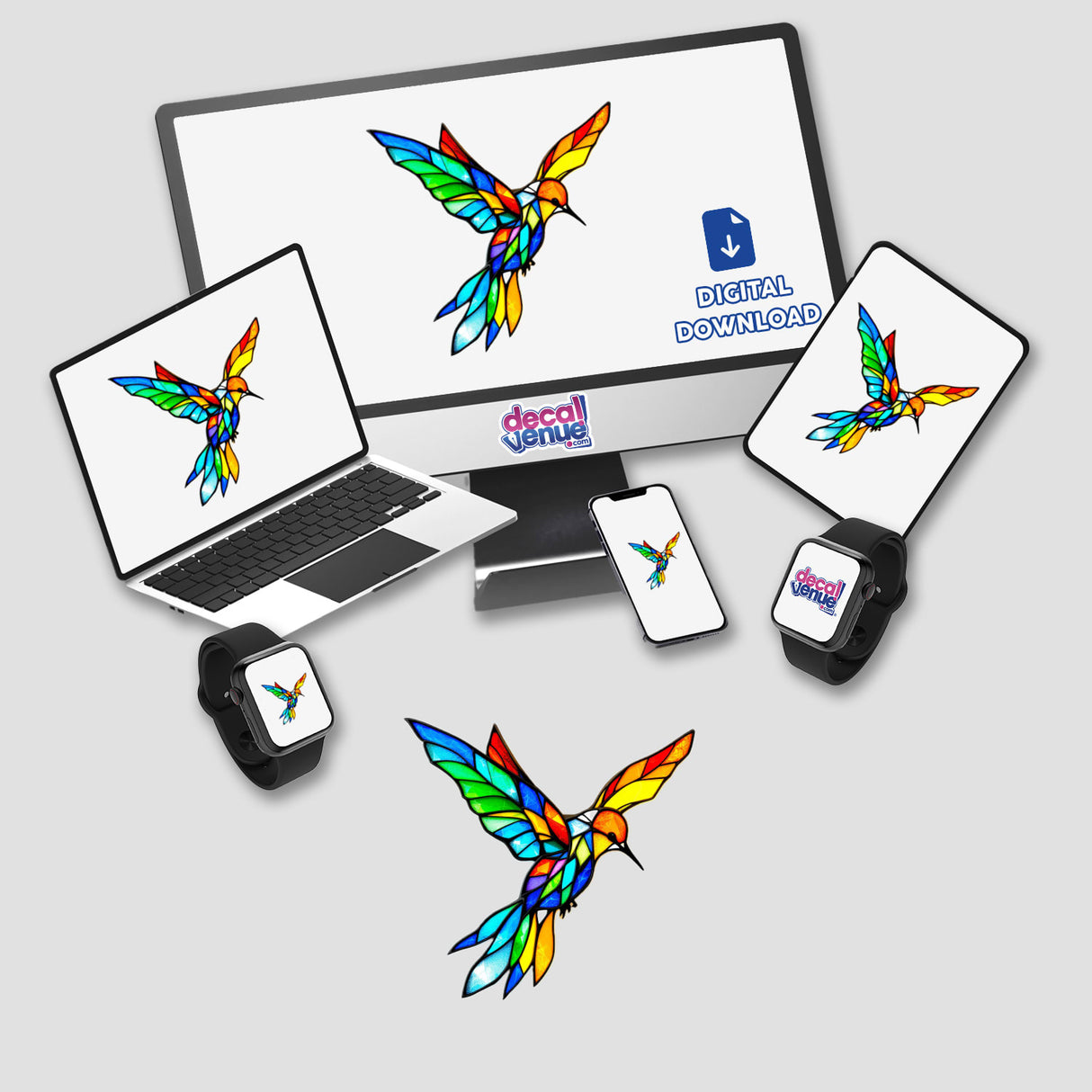 Hummingbird Stained Glass Style depicted on a computer monitor, laptop, and tablet, showcasing vibrant digital artwork available as stickers or digital downloads.
