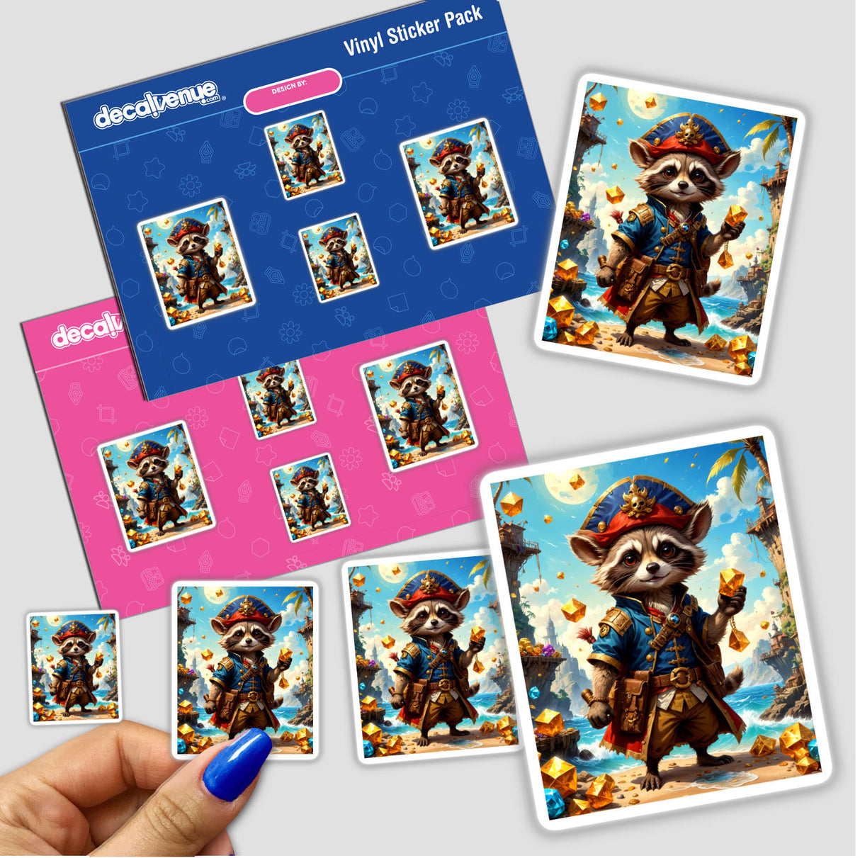 Cartoon stickers featuring a cute fantasy raccoon pirate, depicted holding a sword and various treasures. Available as unique vinyl stickers or digital artwork from Decal Venue.