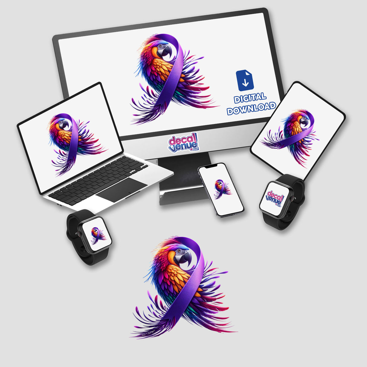 Parrot Purple Ribbon Alzheimer's Awareness design featuring a colorful bird with a purple ribbon, displayed on various devices, perfect for stickers or digital downloads to support and raise awareness.