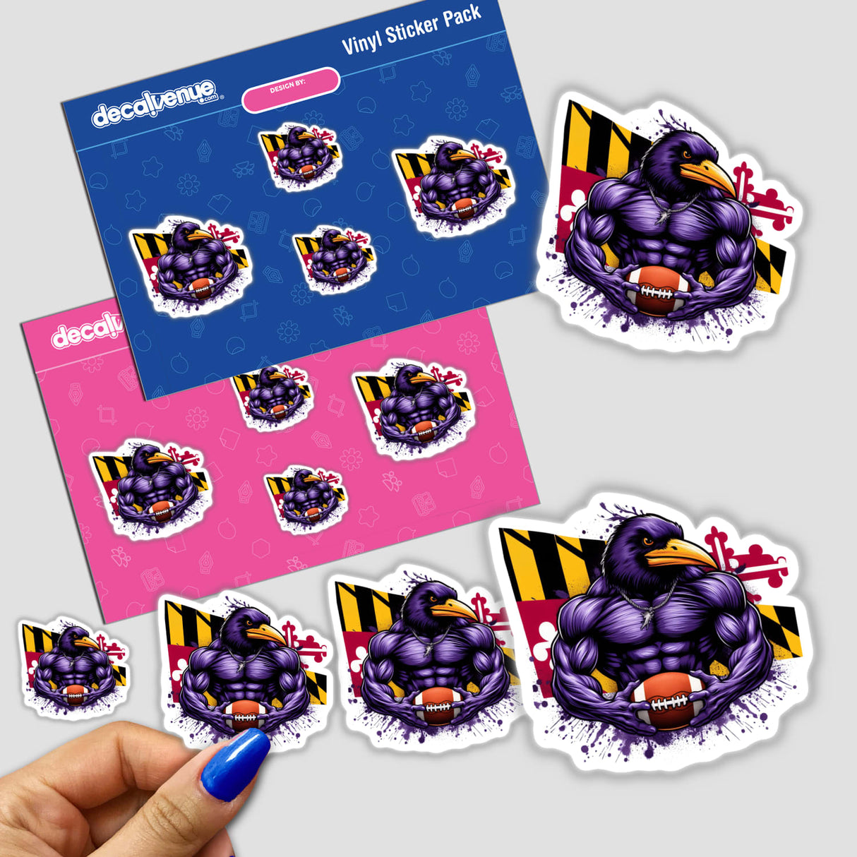 Muscular Purple Raven Bird Holding Football sticker pack being held by a hand, showcasing various sticker designs of the cartoon bird in different poses.