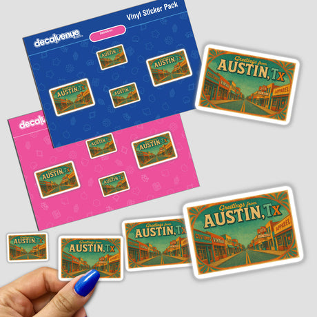 Greetings from Austin Postcard Sticker or Clipart with Commercial Rights features vintage Capitol art, ideal as a unique vinyl sticker or digital artwork from Decal Venue's collection.