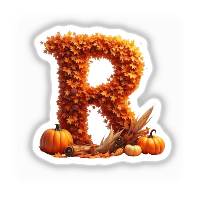 Thanksgiving Letter R Clipart with leaves and pumpkins design, available as stickers or commercial use download.