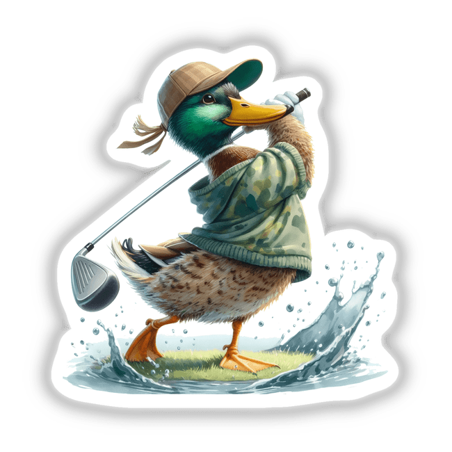 Watercolor Mallard Duck Camo Golfer: A vibrant sticker or digital art depicting a cartoon duck with a golf club, wearing a hat and shirt, perfect for nature and golf enthusiasts.