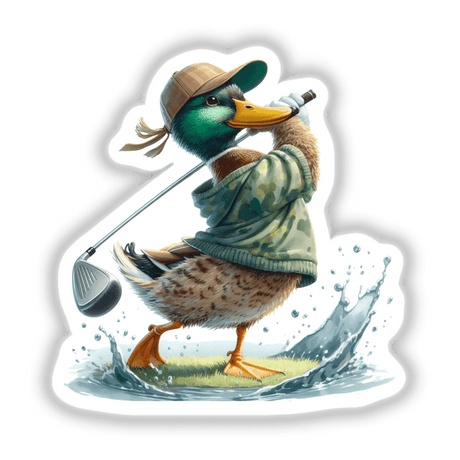 Watercolor Mallard Duck Camo Golfer: A vibrant sticker or digital art depicting a cartoon duck with a golf club, wearing a hat and shirt, perfect for nature and golf enthusiasts.