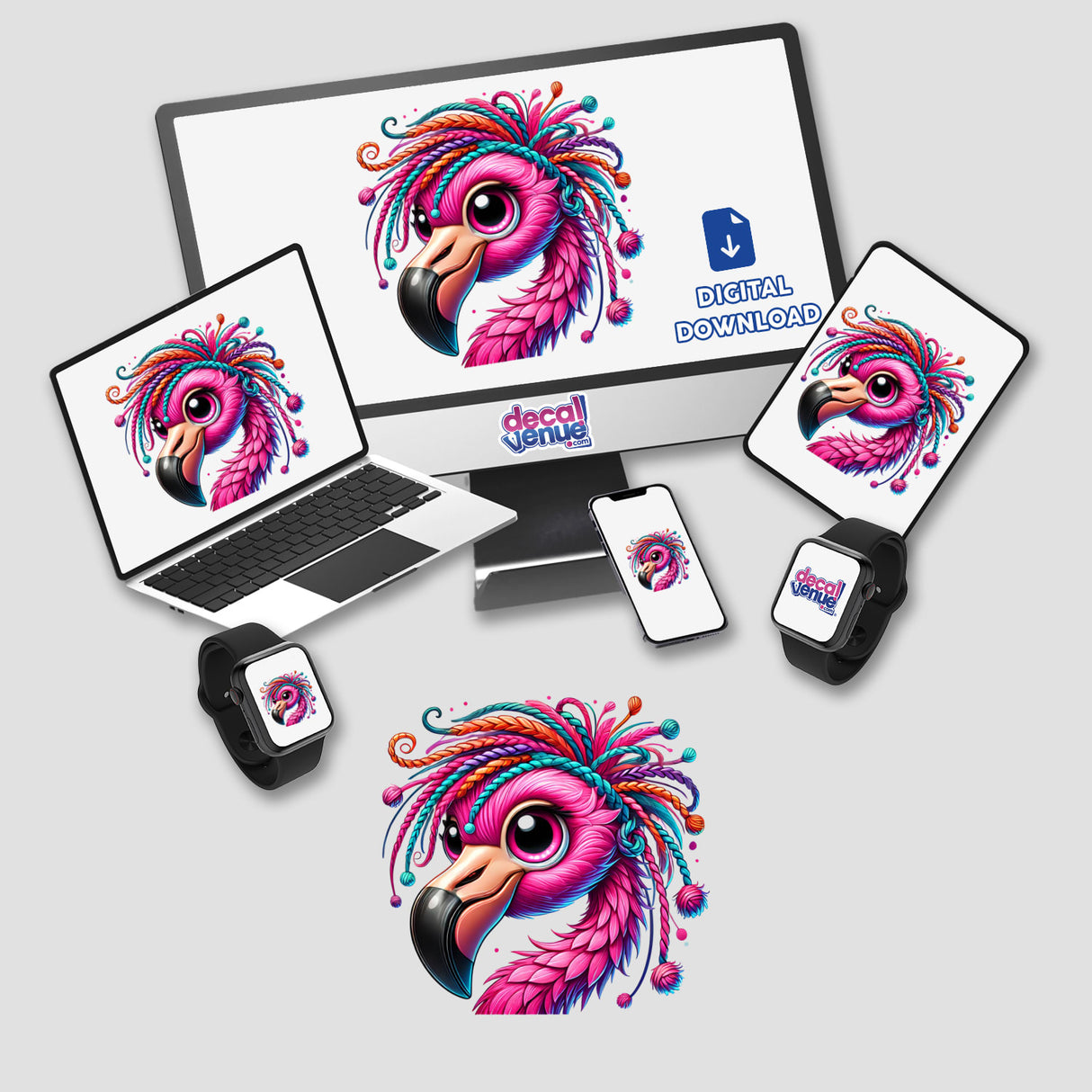 Flamingo with Yarn Hair sticker displayed on laptop and monitor, featuring a cartoon flamingo with colorful yarn hair, ideal for personalizing electronic devices.