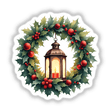 Festive Lantern in a Christmas Wreath featuring a candle surrounded by holly leaves and decorative red balls, available as stickers or digital artwork from Decal Venue's unique collection.