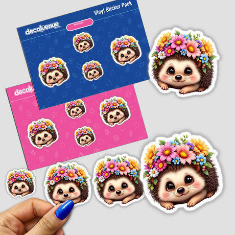 Cute Hedgehog with a Floral Crown sticker, featuring a whimsical cartoon hedgehog adorned with colorful flowers, held in a hand, showcasing Decal Venue's unique vinyl sticker artistry.