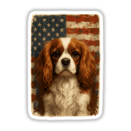 Cavalier King Charles Spaniel Patriotic Sticker featuring the breed with expressive eyes amid a distressed American flag, ideal for decorating personal items or creative projects.