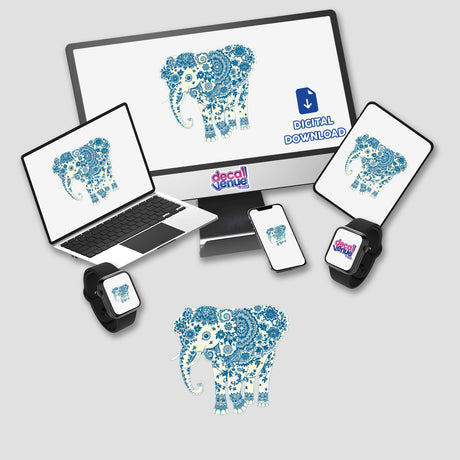 Chinoiserie Elephant stickers or digital artwork featuring an elegant elephant design on a computer monitor and laptop, highlighting a unique blend of traditional and modern artistic elements.