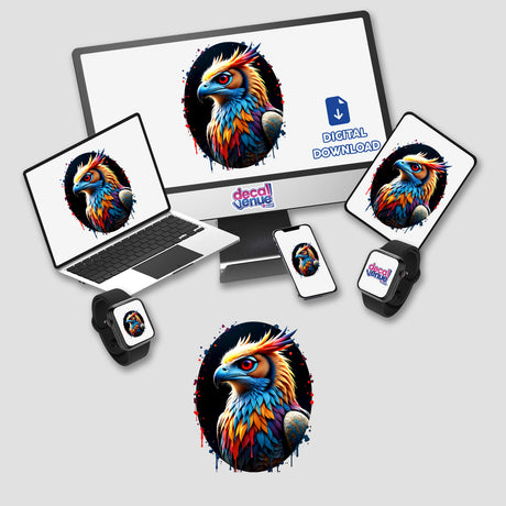 A Cool Hybrid Hawk Owl illustration displayed on a computer monitor and laptop, available as unique stickers or digital artwork at Decal Venue.