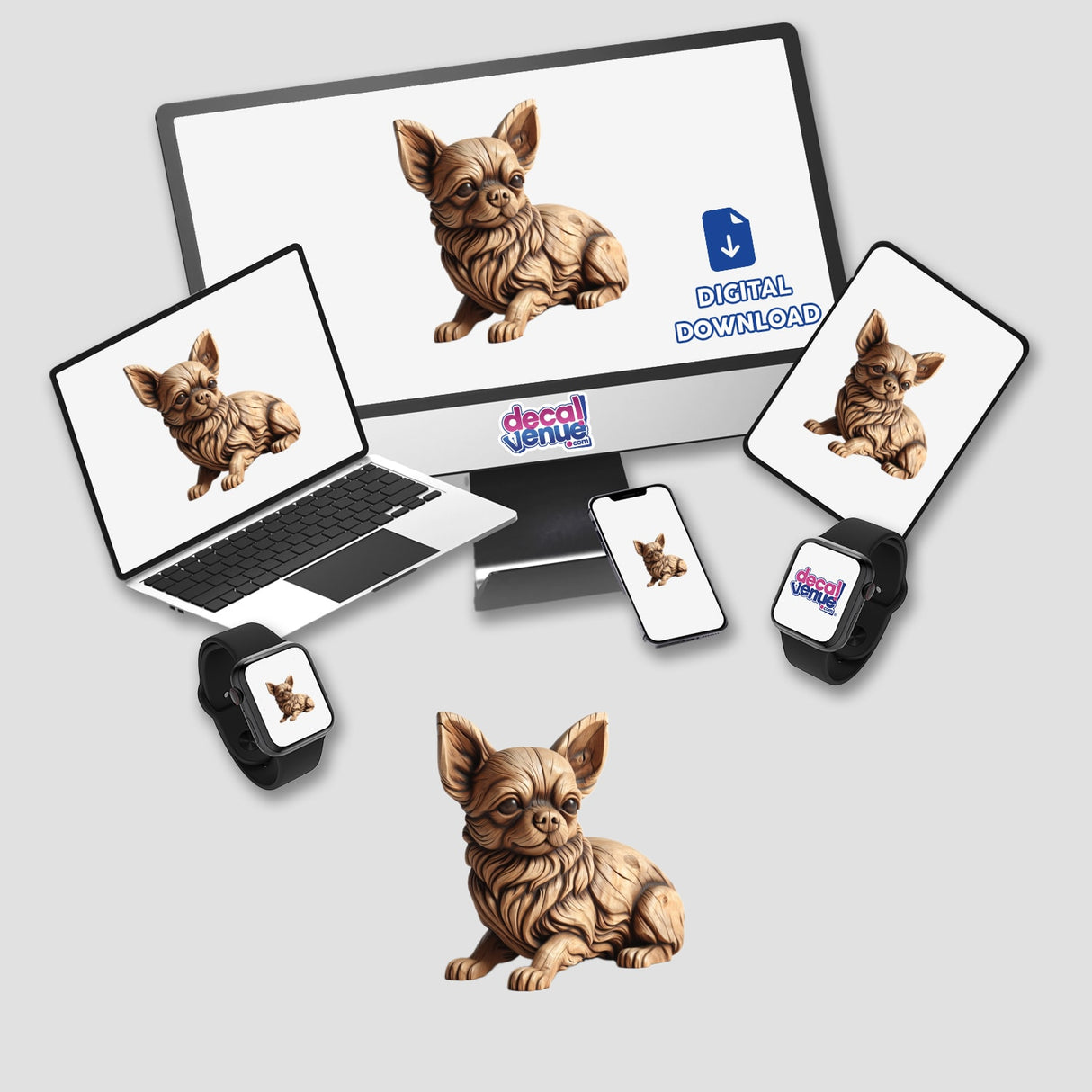 Carved Wood Chihuahua sculpture displayed on a laptop screen, available as stickers or digital artwork from Decal Venue, known for unique stickers and digital art.