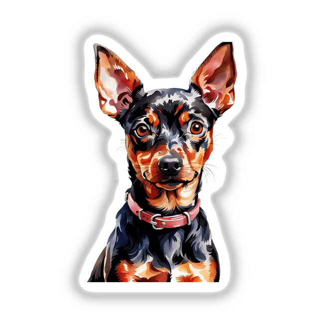 Close-up of a Miniature Pinscher dog's face, featured in Decal Venue's Miniature Pinscher Dog Watercolor Clipart & Stickers – Commercial Rights collection.