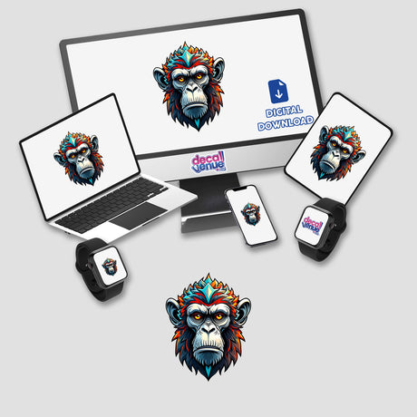 A Cool Monkey King design displayed on a computer monitor and laptop, featuring cartoon monkey faces, available as stickers or digital artwork from Decal Venue.