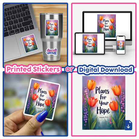 Fauvist Spring Snapdragon “Plans For Your Hope” Jeremiah 29:11 Sticker or Clipart, featuring a vibrant collage of laptops and electronic devices, available with commercial rights.