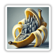 Urban Jungle Cityscape Inside a Banana: An imaginative artwork featuring a detailed cityscape seamlessly integrated within a banana. Available as stickers or digital artwork from Decal Venue.