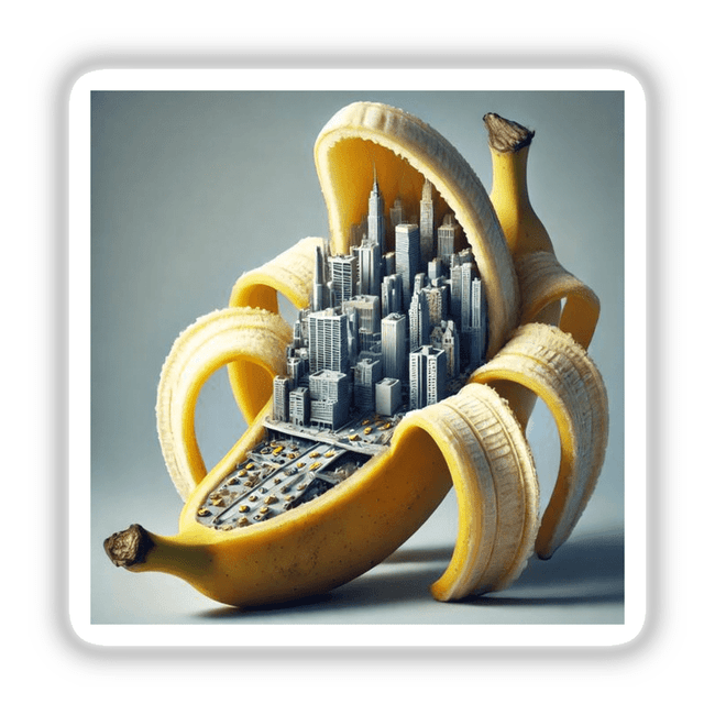 Urban Jungle Cityscape Inside a Banana: An imaginative artwork featuring a detailed cityscape seamlessly integrated within a banana. Available as stickers or digital artwork from Decal Venue.