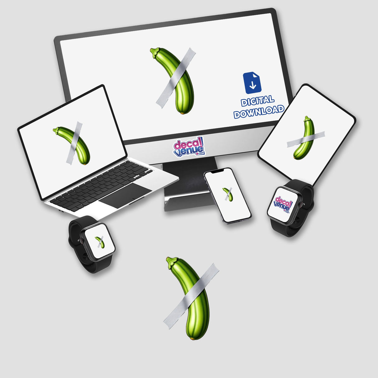 Zucchini Duct Tape Art displayed on a laptop and monitor, showcasing green zucchini wrapped in white tape. Available as stickers or digital artwork, reflecting Decal Venue's unique design offerings.