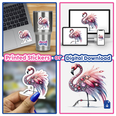 Collage of 'Flamingo Jewels and Gemstones' stickers showing various designs, including detailed close-ups, stickers on laptops, and a hand holding a gem-adorned flamingo sticker.