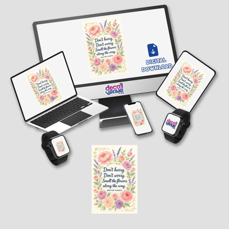 Smell the Flowers Quote Sticker or Clipart with Commercial Rights - Walter Hagen Floral Design displayed on computer monitor and laptop, showcasing floral imagery and inspirational text for digital artwork or stickers.