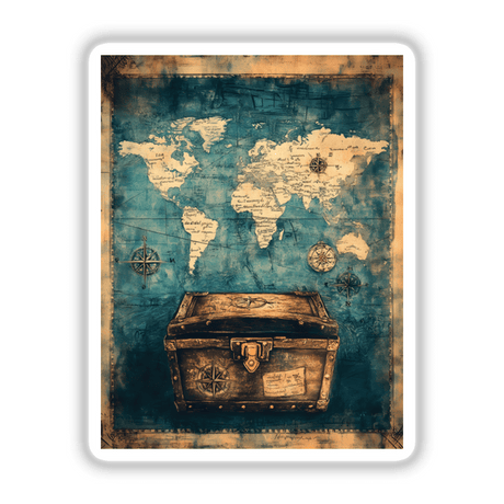 Treasure Chest on Antique Map: A detailed image of a vintage map, featuring a treasure chest and multiple compasses, available as stickers or digital artwork from Decal Venue.