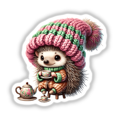 Hedgehog Gnome Drinking Tea: A cartoon hedgehog in a knitted hat holding a floral teapot, available as stickers or digital artwork.