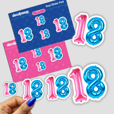 Vibrant Pink and Blue #18 Balloons Vinyl Sticker Pack - Stylish digital artwork from KareAnnArt available as stickers or digital downloads.
