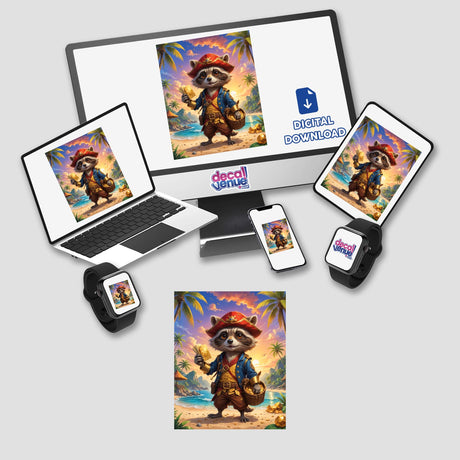 A Cute Fantasy Raccoon Pirate cartoon on a computer monitor and laptop, depicted holding a basket of gold coins, available as stickers or digital artwork.