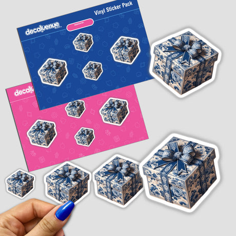 Chinoiserie Gift Box with Bow sticker pack held in a hand, showcasing elegant blue and white designs, available as part of Decal Venue's unique sticker and digital art collection.