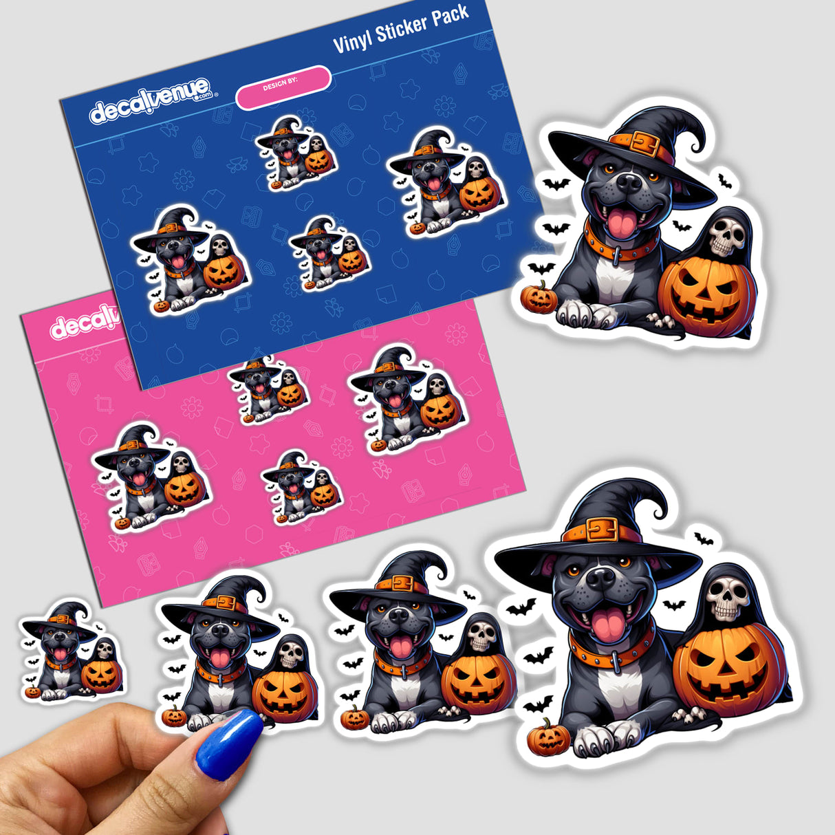 Halloween Pitbull Dog with Skull Ghost and Pumpkin - Vinyl sticker pack of digital artwork featuring a friendly pitbull dog dressed in Halloween-themed attire including a witch hat, pumpkins, and ghostly elements.