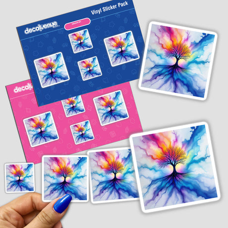 Tree Alcohol Ink Design sticker pack featuring vibrant, artistic representations of the Tree of Life, available as both stickers and digital artwork, showcasing unique, colorful tree imagery.