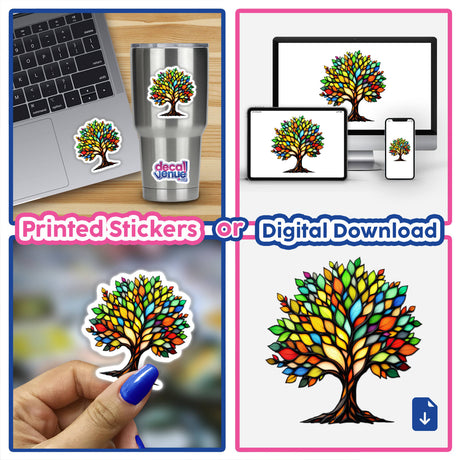 Tree Stained Glass Style stickers displayed on a laptop, cup, and held by a person, illustrating their versatile use as both physical decals and digital artwork.