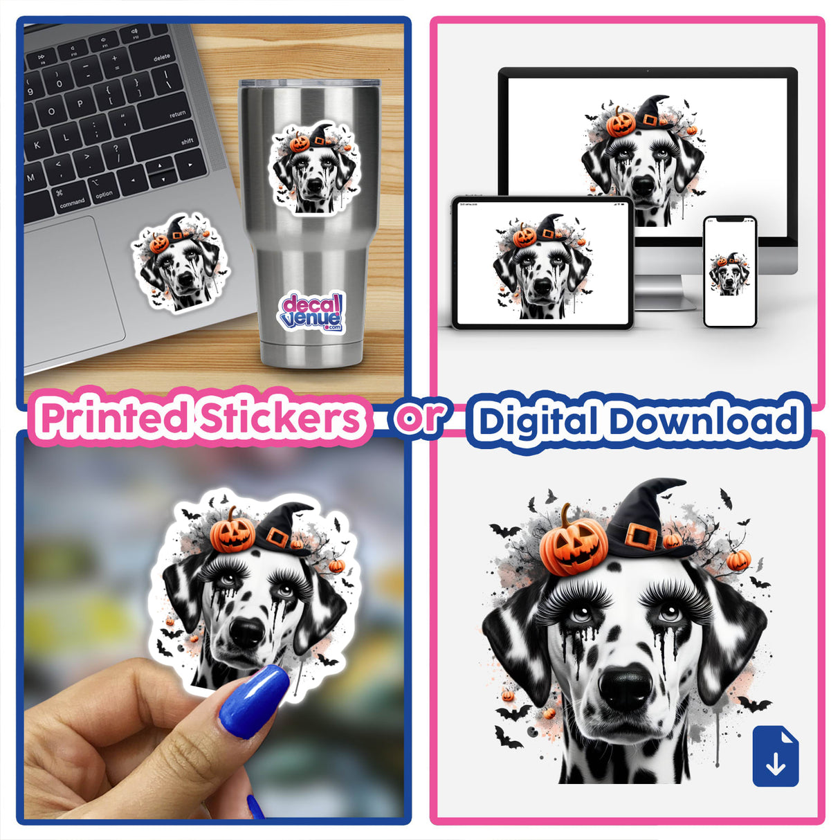 Spooky Halloween Dalmatian Dog sticker featuring a Dalmatian with a pumpkin on its head, ideal for laptops or personal items, available as stickers or digital artwork.