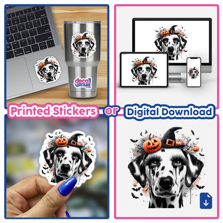 Spooky Halloween Dalmatian Dog sticker featuring a Dalmatian with a pumpkin on its head, ideal for laptops or personal items, available as stickers or digital artwork.