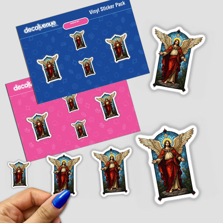 Stained Glass Archangel Michael Clipart featuring angelic figures, available as Christian stickers or digital artwork, showcasing a distinctive cartoon style fitting Decal Venue's unique vinyl and digital art offerings.