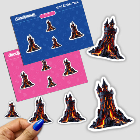 Molten Lava Castle Tower sticker features a cartoonish black castle with vibrant red and yellow lava flowing from its top, capturing a whimsical volcanic theme. Perfect for unique sticker collections.