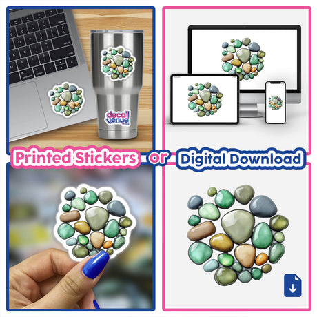 River Stones Stained Glass Style collage featuring colorful stones, a laptop with a sticker, and a close-up of a tumbler, available as stickers or digital artwork from Decal Venue.