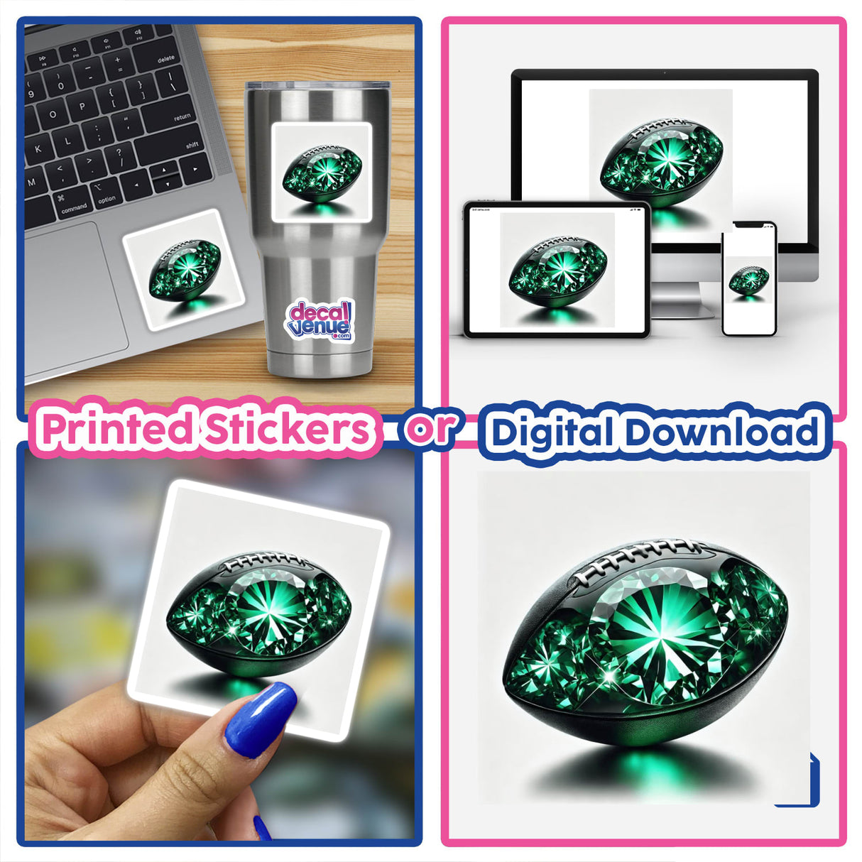 Emerald Gemstone Football Art collage featuring close-ups of the football adorned with a large, green gem, available as stickers or digital downloads, perfect for sports enthusiasts from DecalVenue.