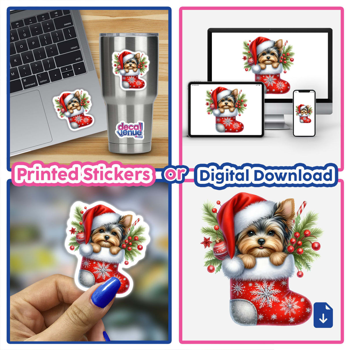 Yorkie Dog in Snowflake Christmas Stocking sticker featuring a cartoon Yorkie peeking from a festive stocking, available as a unique sticker or digital artwork from Decal Venue.