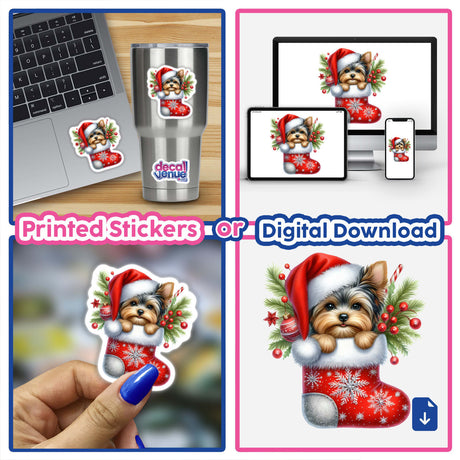 Yorkie Dog in Snowflake Christmas Stocking sticker featuring a cartoon Yorkie peeking from a festive stocking, available as a unique sticker or digital artwork from Decal Venue.
