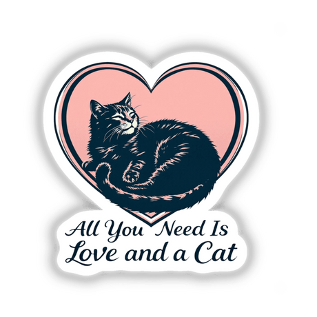 Cat love: Illustration of a cat peacefully lying within a heart shape, eyes closed. Available as unique vinyl stickers or digital artwork from Decal Venue. Perfect for animal lovers.