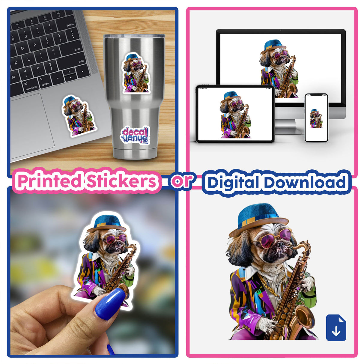 Hipster Shih Tzu dog wearing a hat and sunglasses, playing a saxophone; featured in vibrant clipart for stickers and commercial use.