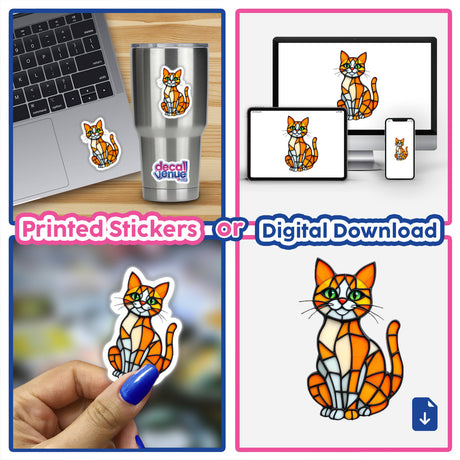 Cat Stained Glass Style sticker collage featuring a laptop adorned with unique stained glass cat designs, available as stickers or digital artwork from Decal Venue.