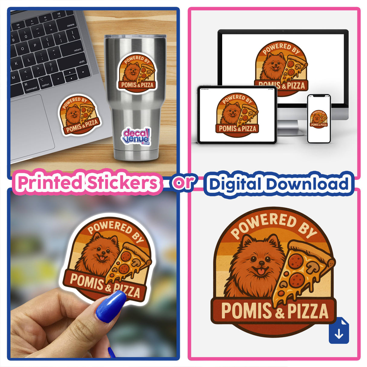 Pomeranian Pizza Lover Sticker or Clipart features a cute Pomeranian with a pizza slice, available as stickers or digital artwork. Perfect for fans of unique vinyl art at Decal Venue.