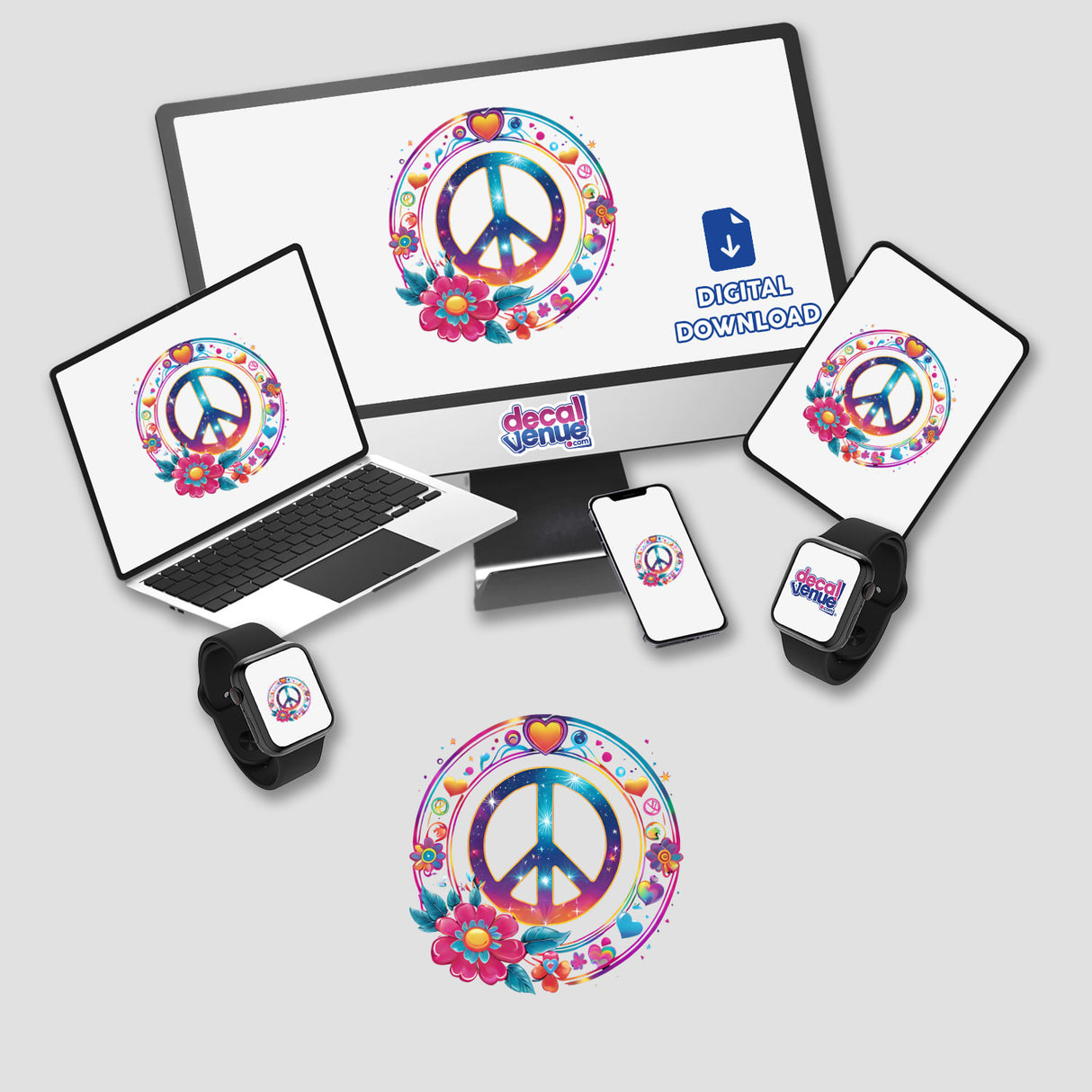 Peace sign floral accents digital artwork for Decal Venue store. Colorful, vibrant peace symbol design displayed across various digital devices and products.