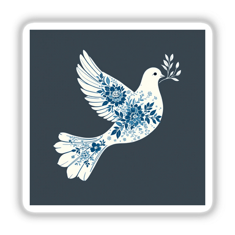 Chinoiserie Dove with Olive Branch: A white bird adorned with intricate blue flowers and leaves, available as unique stickers or digital artwork from Decal Venue.